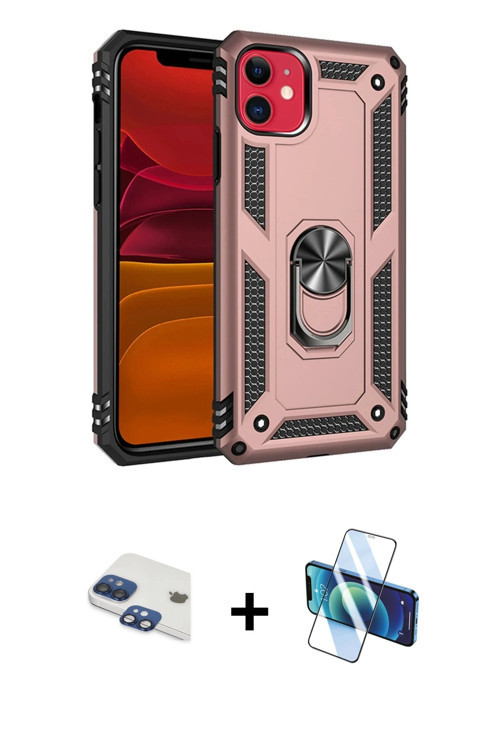iPhone 11 Kılıf Ahenk Klasik Koleksiyonu - Siyah 3D Antistatik Cam Ekran Koruyucu + Lacivert Pe