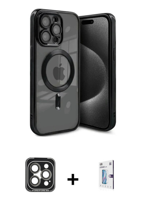 iPhone 15 Pro Max Kılıf Nova Işık Özel Seri - Siyah Bilvis 0.18mm Plus Cam Ekran Koruyucu + Gri