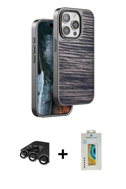iPhone 15 Pro Max Kılıf Atlas Minimal Özel Seri - Siyah Polymer Nano Ekran Koruyucu + Titanyum