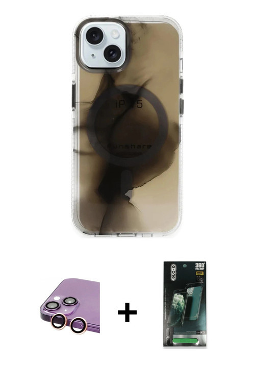 iPhone 15 Kılıf Ufuk Doku Prime - Şeffaf 360 Full Body Arka Koruyucu + Pembe Raze Metal Kamera