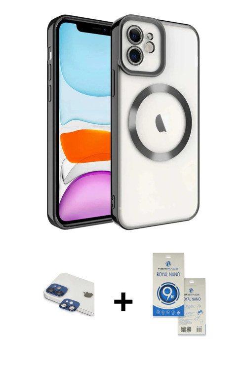 iPhone 11 Kılıf Nova Işık Özel Seri - Şeffaf Royal Nano Ekran Koruyucu + Lacivert Pers Alüminyu