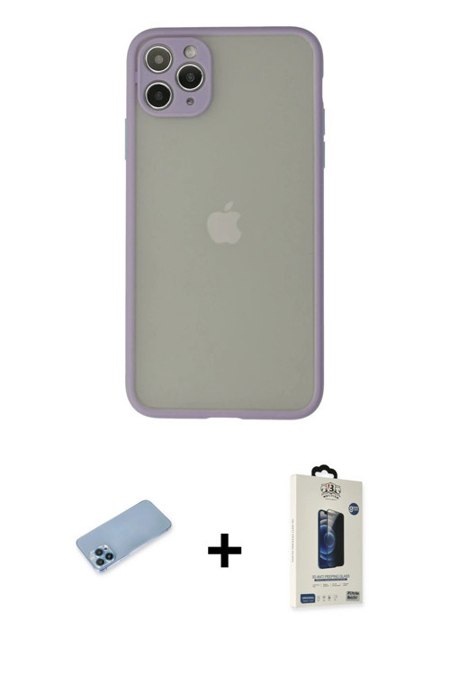 iPhone 12 Pro Max Kılıf Ahenk Çizgi Serisi - Siyah Bilvis Hayalet Cam Ekran Koruyucu + Mavi Shi