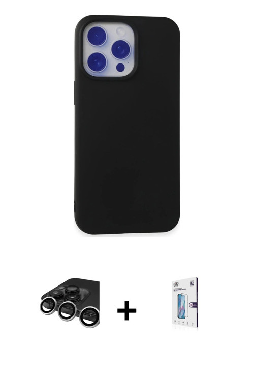 iPhone 15 Pro Max Kılıf Ahenk Serisi - Siyah Bilvis 0.18mm Plus Cam Ekran Koruyucu + Gümüş Raze