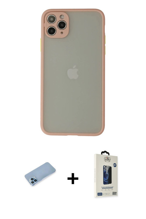 iPhone 12 Pro Max Kılıf Ahenk Çizgi Serisi - Siyah Bilvis Hayalet Cam Ekran Koruyucu + Mavi Shi