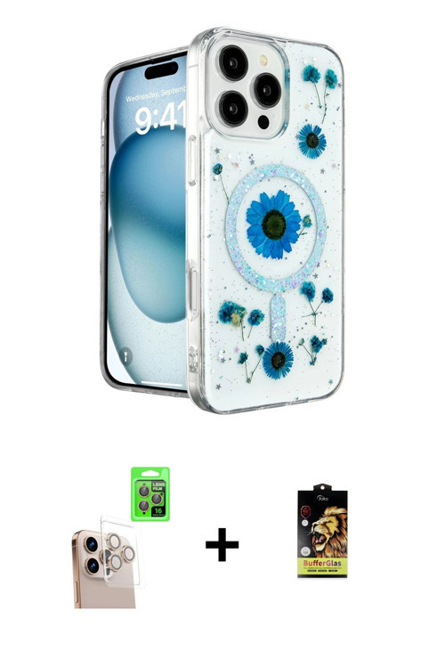 iPhone 16 Pro Max Kılıf Kozmos Doku - Siyah Buffer Cam Ekran Koruyucu + Natural Grey Raze Metal