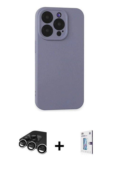 iPhone 15 Pro Max Kılıf Ahenk Serisi - Siyah Bilvis 0.18mm Plus Cam Ekran Koruyucu + Gümüş Raze