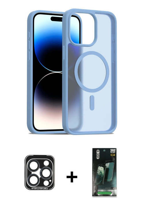 iPhone 15 Pro Max Kılıf Siluet Minimal Prime - Siyah 360 Mat Full Body Arka Koruyucu + Lacivert