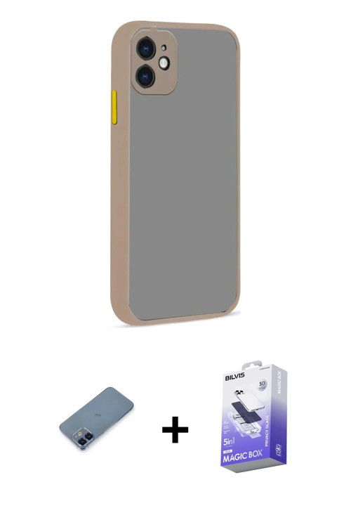 iPhone 12 Kılıf Ahenk Çizgi Serisi - Siyah Bilvis 5in1 5D Magic Hayalet Cam Ekran Koruyucu + Ma