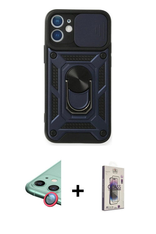 iPhone 11 Kılıf Ahenk Klasik - Siyah Bilvis 3D Cam Ekran Koruyucu + Kırmızı Raze Metal Kamera L