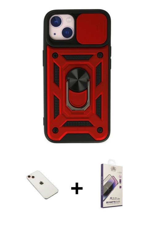 iPhone 14 Kılıf Ahenk Klasik - Siyah Bilvis 3D Mat Cam Ekran Koruyucu + Kırmızı Diamond Kamera