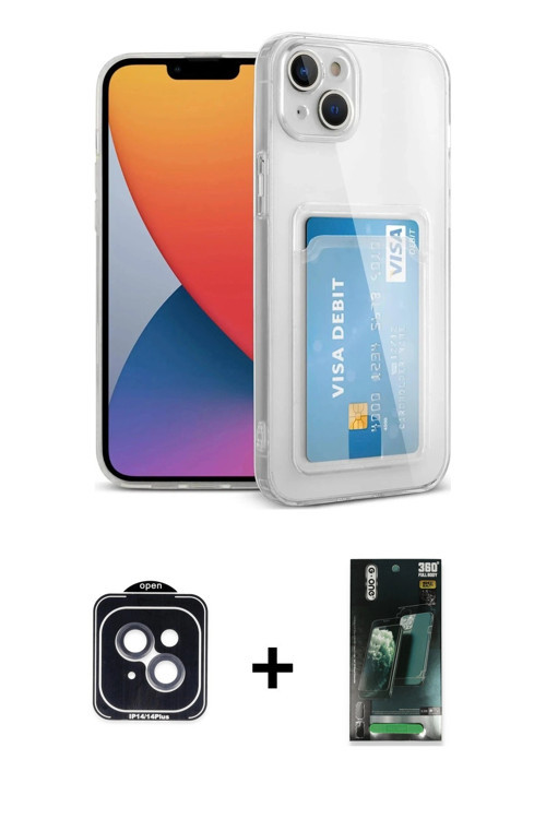 iPhone 14 Kılıf Doruk Klasik Koleksiyonu - Şeffaf 360 Full Body Arka Koruyucu + Siyah PVD Metal