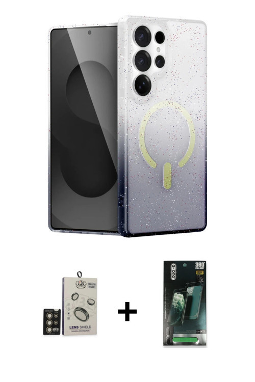 Galaxy S24 Ultra Kılıf Eksen Minimal Özel Seri - Siyah 360 Mat Full Body Arka Koruyucu + Gold B