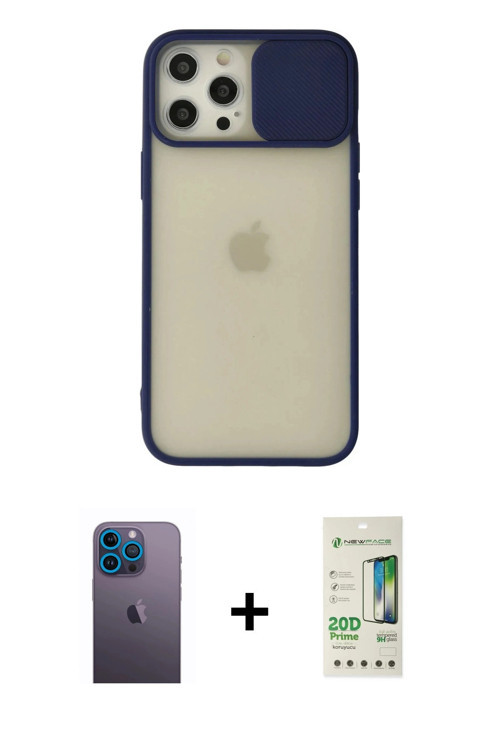 iPhone 12 Pro Max Kılıf Vadi Çizgi - Siyah 20D Premium Cam Ekran Koruyucu + Mavi Neon Fosforlu