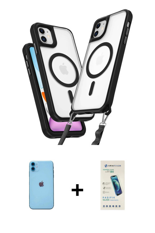 iPhone 11 Kılıf Atlas Doku Koleksiyonu - Şeffaf Pasifik Cam Ekran Koruyucu + Mavi Neon Fosforlu