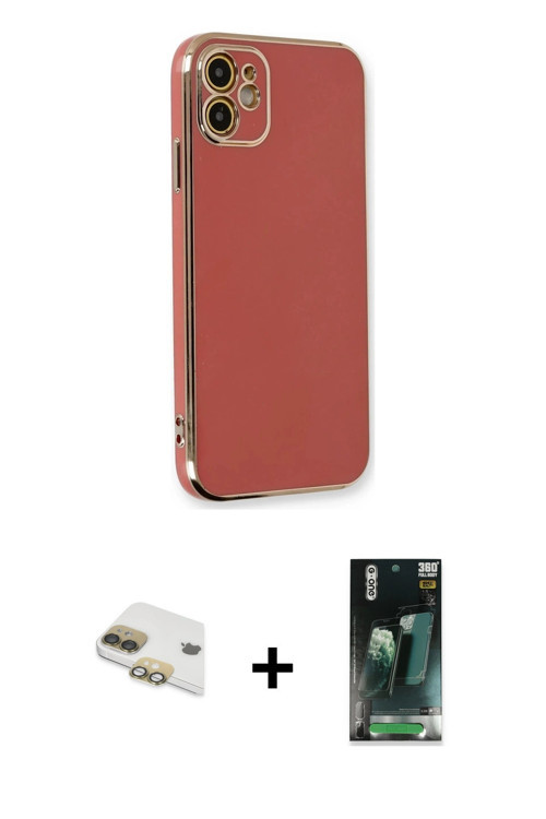 ieg™ iPhone 11 Kılıf Yankı Serisi - Şeffaf 360 Full Body Arka Koruyucu + Gold Pers Alüminyum Kamera