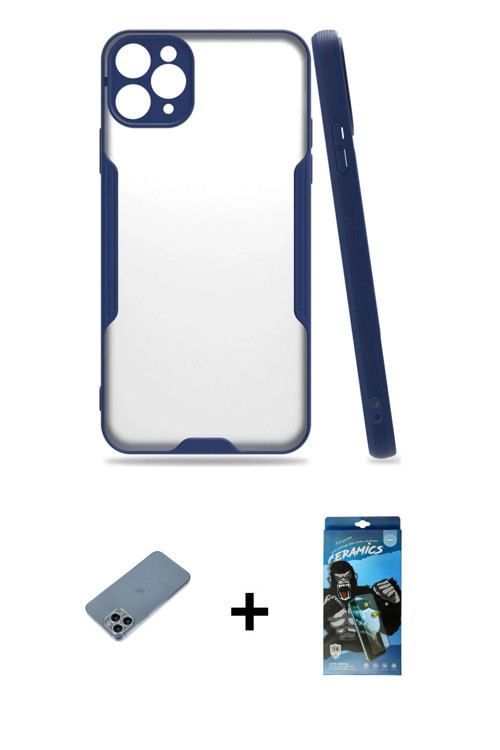 iPhone 11 Pro Kılıf Atlas Asil Serisi - Siyah 34D Izgaralı Cam + Sierra Blue Shine Kamera Lens