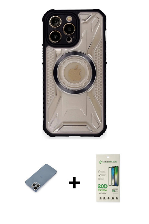 iPhone 12 Pro Max Kılıf Kutup Modern - Siyah 20D Premium Cam Ekran Koruyucu + Gümüş Metal Kamer
