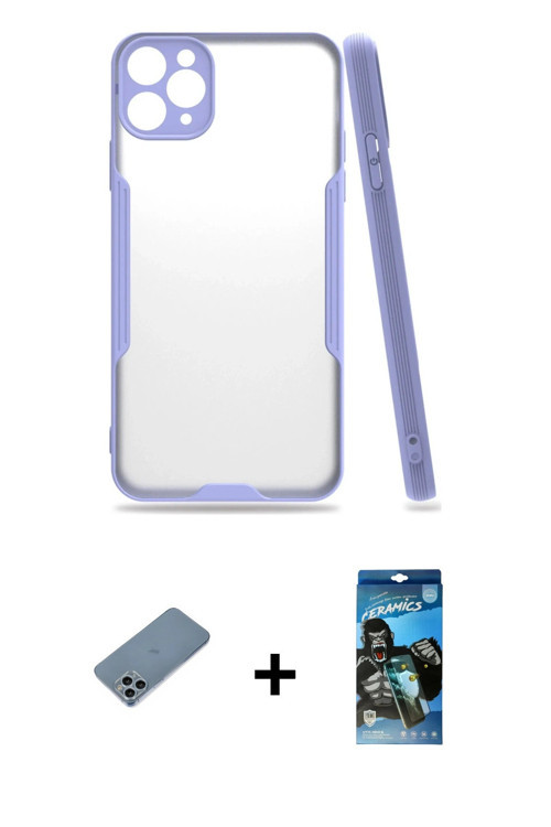 iPhone 11 Pro Kılıf Atlas Asil Serisi - Siyah 34D Izgaralı Cam + Sierra Blue Shine Kamera Lens