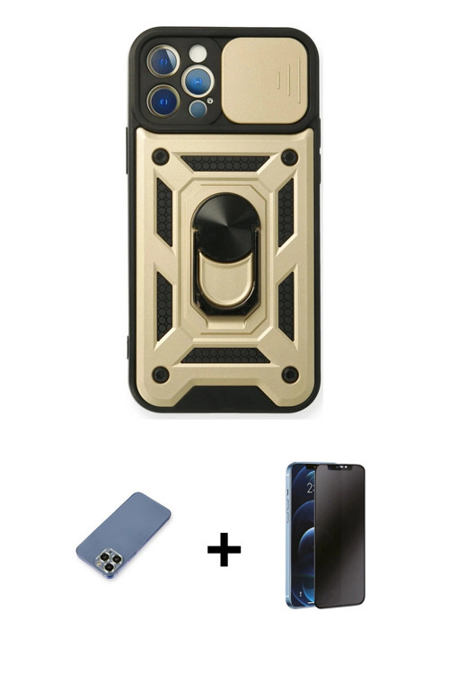 iPhone 12 Pro Kılıf Ahenk Klasik - Siyah 3D Antistatik Hayalet Cam Ekran Koruyucu + Açık Yeşil