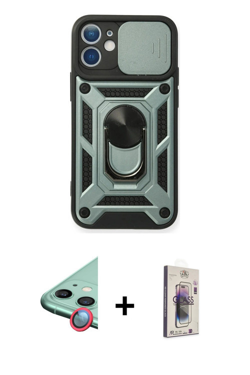 iPhone 11 Kılıf Ahenk Klasik - Siyah Bilvis 3D Cam Ekran Koruyucu + Kırmızı Raze Metal Kamera L