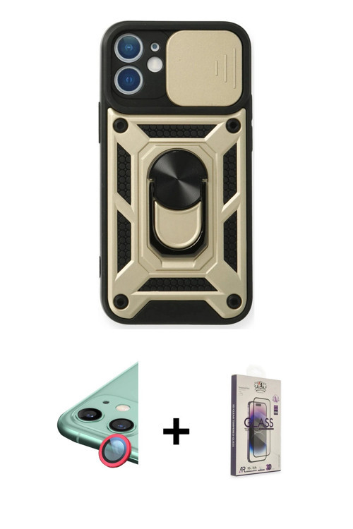 iPhone 11 Kılıf Ahenk Klasik - Siyah Bilvis 3D Cam Ekran Koruyucu + Kırmızı Raze Metal Kamera L