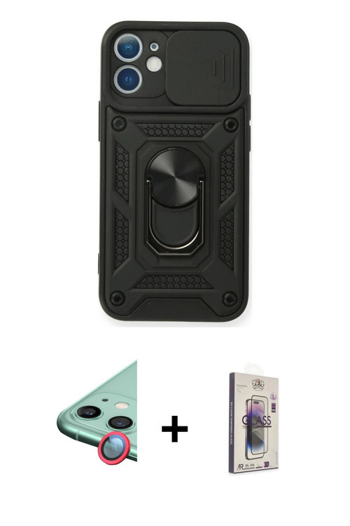 iPhone 11 Kılıf Ahenk Klasik - Siyah Bilvis 3D Cam Ekran Koruyucu + Kırmızı Raze Metal Kamera L