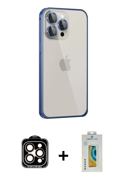iPhone 15 Pro Max Kılıf Eksen Form Serisi - Siyah Polymer Nano Ekran Koruyucu + Turuncu PVD Met