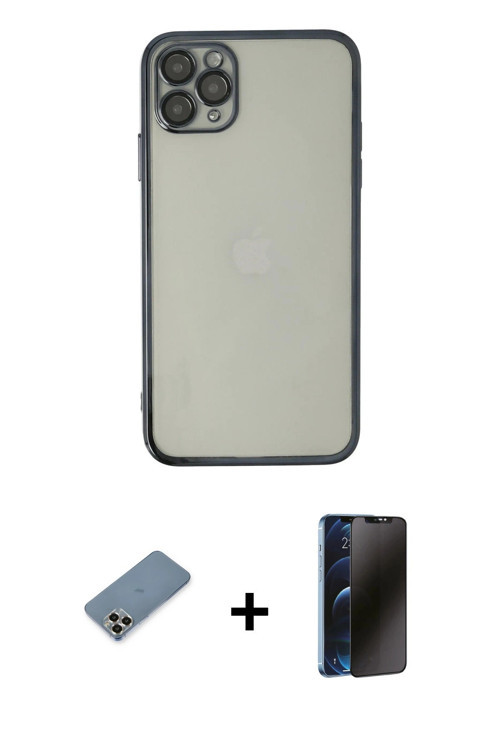 iPhone 11 Pro Max Kılıf Vadi Minimal - Siyah 3D Antistatik Hayalet Cam Ekran Koruyucu + Gold Me