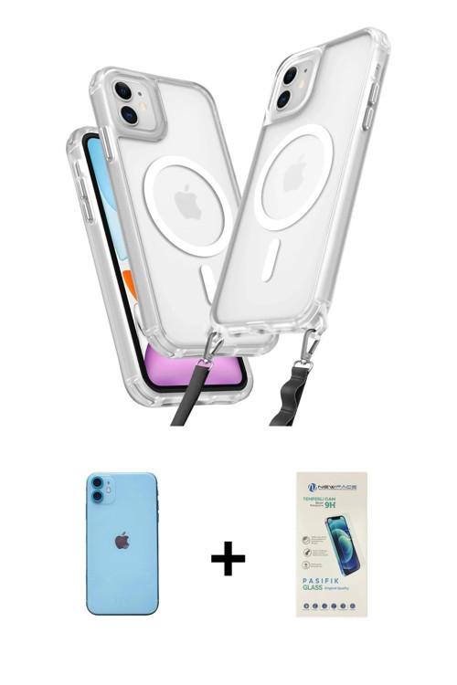 iPhone 11 Kılıf Atlas Doku Koleksiyonu - Şeffaf Pasifik Cam Ekran Koruyucu + Mavi Neon Fosforlu