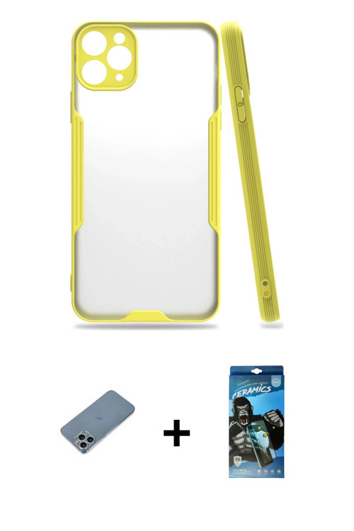 iPhone 11 Pro Kılıf Atlas Asil Serisi - Siyah 34D Izgaralı Cam + Sierra Blue Shine Kamera Lens
