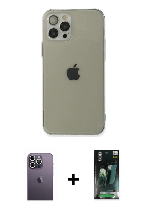 ieg™ iPhone 12 Pro Kılıf Ahenk Doku - Şeffaf 360 Full Body Arka Koruyucu + Beyaz Neon Fosforlu Kamer