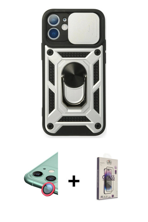 iPhone 11 Kılıf Ahenk Klasik - Siyah Bilvis 3D Cam Ekran Koruyucu + Kırmızı Raze Metal Kamera L