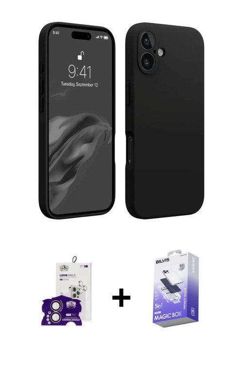 iPhone 16 Kılıf Kozmos Yansıma Özel Seri - Siyah Bilvis 5in1 5D Magic Hayalet Cam Ekran Koruyuc