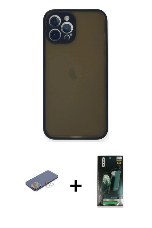 ieg™ iPhone 12 Pro Max Kılıf Ahenk Çizgi Serisi - Şeffaf 360 Full Body Arka Koruyucu + Mavi Renkli K