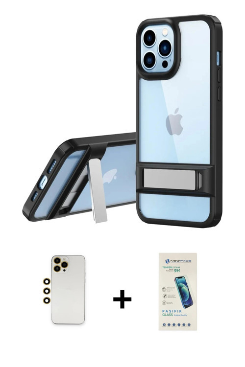 iPhone 13 Pro Max Kılıf Yadigar Yansıma - Şeffaf Pasifik Cam Ekran Koruyucu + Gold Shine Kamera
