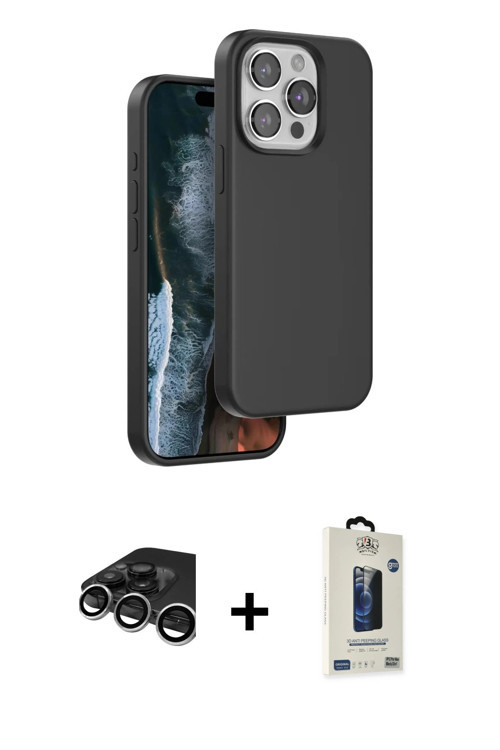 iPhone 15 Pro Kılıf Kıvılcım Çizgi Serisi - Siyah Bilvis Hayalet Cam Ekran Koruyucu + Gümüş Raz