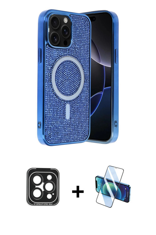 iPhone 15 Pro Max Kılıf Eksen Çizgi - Siyah 3D Antistatik Seramik Nano Ekran Koruyucu + Siyah P