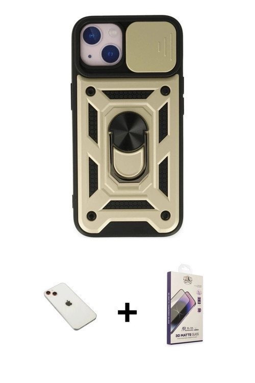 iPhone 14 Kılıf Ahenk Klasik - Siyah Bilvis 3D Mat Cam Ekran Koruyucu + Kırmızı Diamond Kamera
