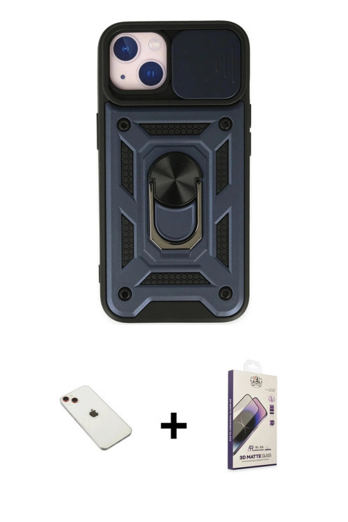 iPhone 14 Kılıf Ahenk Klasik - Siyah Bilvis 3D Mat Cam Ekran Koruyucu + Kırmızı Diamond Kamera