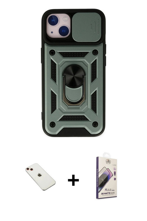 iPhone 14 Kılıf Ahenk Klasik - Siyah Bilvis 3D Mat Cam Ekran Koruyucu + Kırmızı Diamond Kamera
