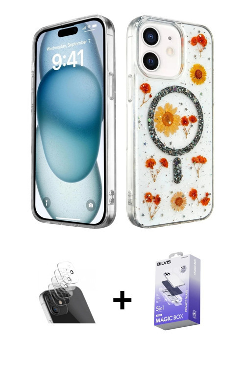 iPhone 12 Kılıf Kozmos Doku - Siyah Bilvis 5in1 5D Magic Hayalet Cam Ekran Koruyucu + Şeffaf Ka