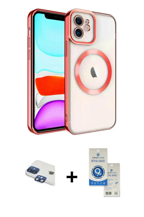 iPhone 11 Kılıf Nova Işık Özel Seri - Şeffaf Royal Nano Ekran Koruyucu + Lacivert Pers Alüminyu