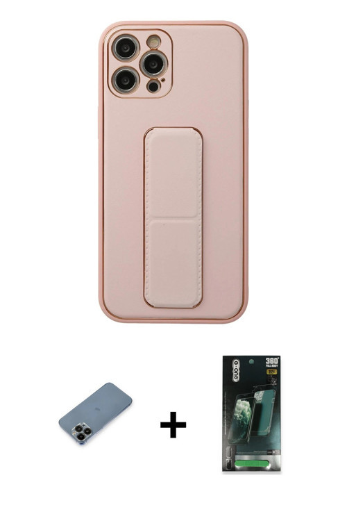 iPhone 12 Pro Kılıf Akış Doku - Şeffaf 360 Full Body Arka Koruyucu + Siyah Shine Kamera Lens Ko