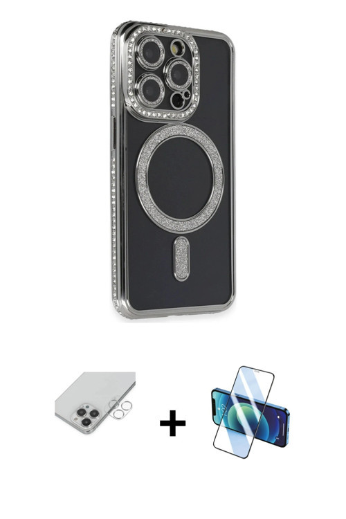 iPhone 14 Pro Max Kılıf Zirve Doku Prime - Siyah 3D Antistatik Cam Ekran Koruyucu + Gümüş Band