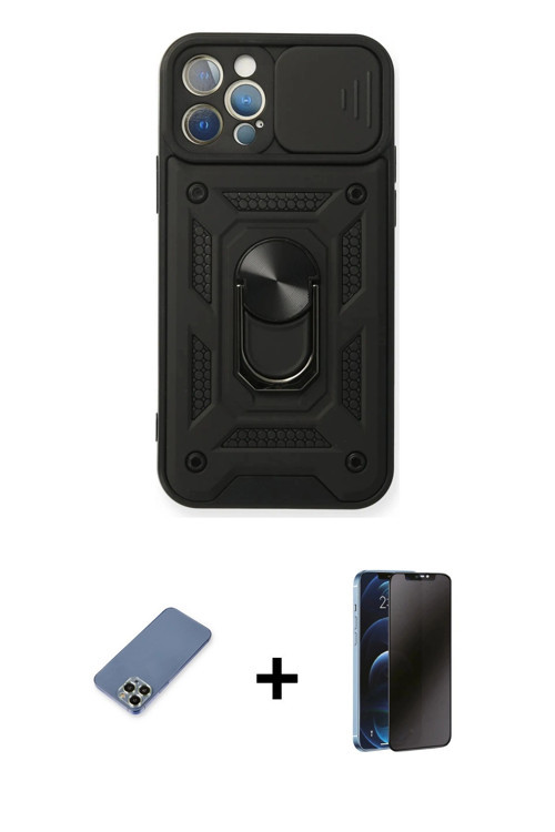 iPhone 12 Pro Kılıf Ahenk Klasik - Siyah 3D Antistatik Hayalet Cam Ekran Koruyucu + Açık Yeşil