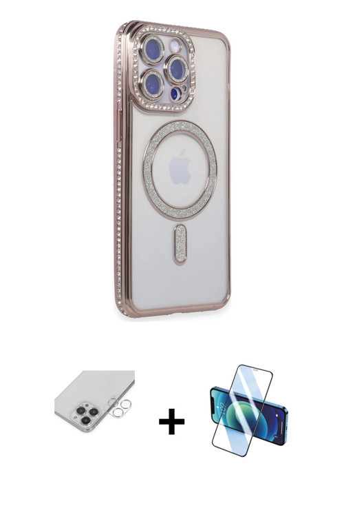 iPhone 14 Pro Max Kılıf Zirve Doku Prime - Siyah 3D Antistatik Cam Ekran Koruyucu + Gümüş Band