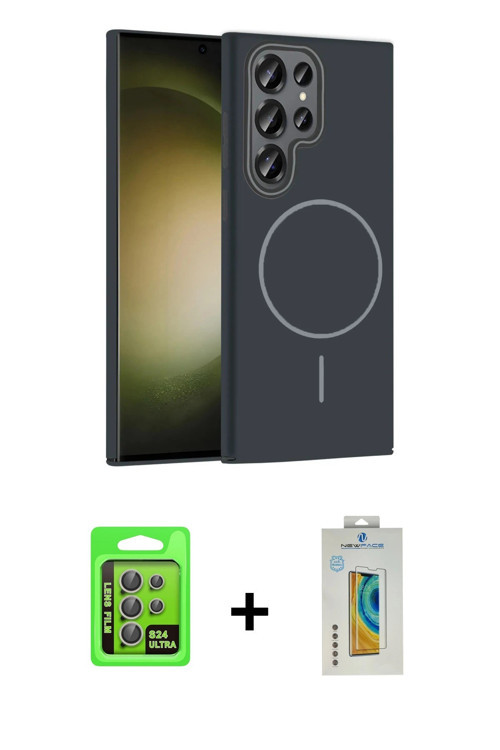 Galaxy S24 Ultra Kılıf Siluet Doku Özel Seri - Siyah Polymer Nano Ekran Koruyucu + Gri Raze Met