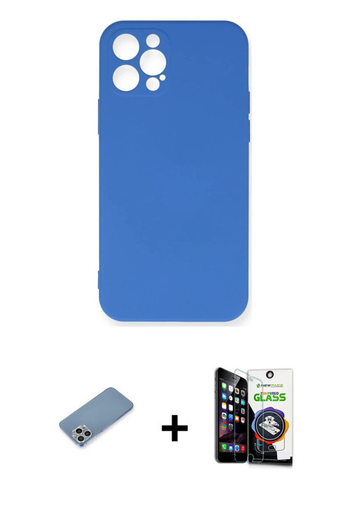 iPhone 12 Pro Max Kılıf Ahenk Serisi - Şeffaf Temperli Cam Ekran Koruyucu + Gümüş Shine Kamera