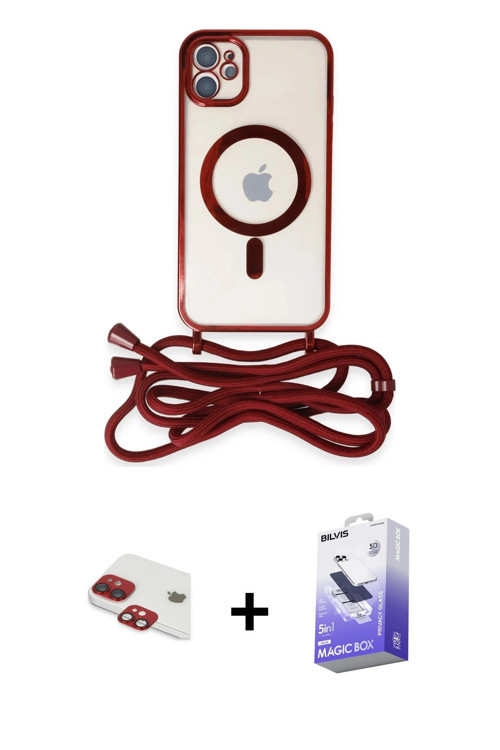 iPhone 11 Kılıf Eksen Özel Seri - Siyah Bilvis 5in1 5D Magic Hayalet Cam Ekran Koruyucu + Kırmı