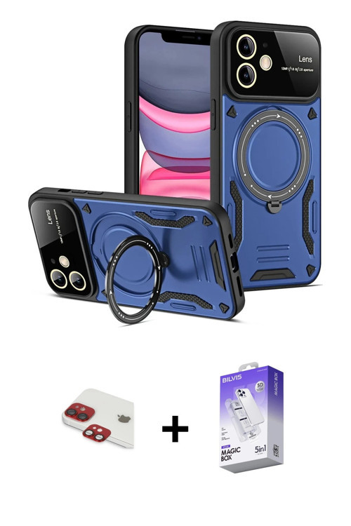 iPhone 11 Kılıf Kıvılcım Modern Serisi - Siyah Bilvis 5in1 3D Magic Cam Ekran Koruyucu + Kırmız